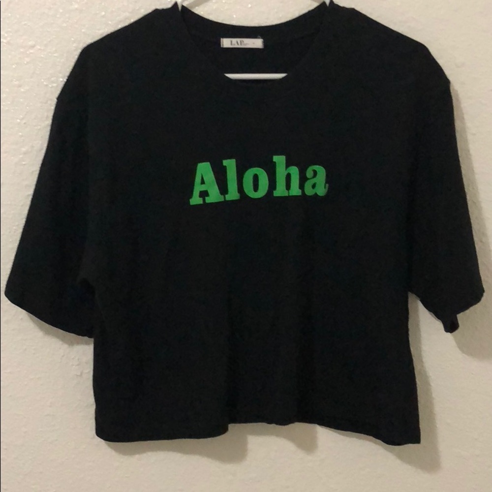 Black cropped shirt w/ aloha printed on the front